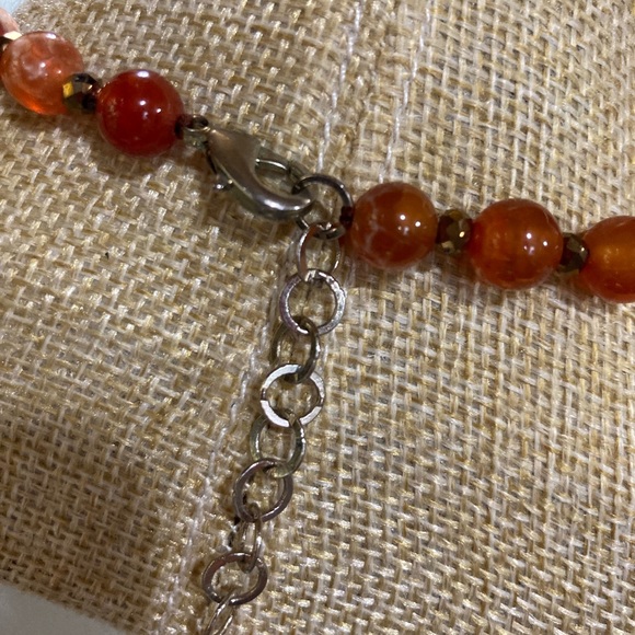 Fire Agate beaded necklace and French wire earrings. Glass Faceted Beads - Picture 4 of 4
